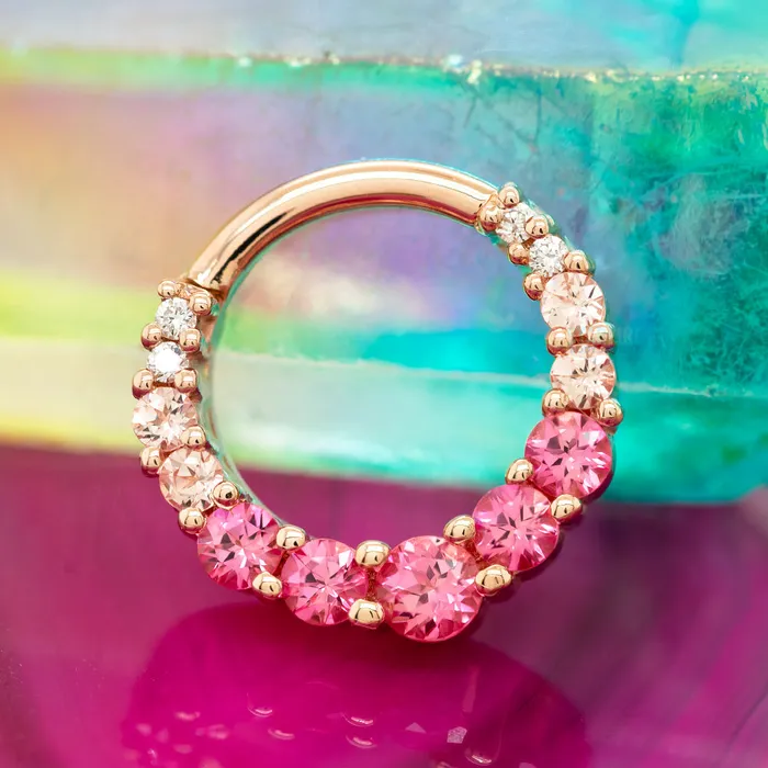 Graduating Gem Oaktier Hinge Ring in Gold with Padparadscha Sapphire Champagne Sapphire Diamonds Body Vision BVLA Rings