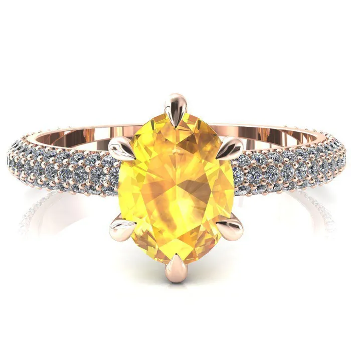 Elley Oval Yellow Sapphire 6 Claw Prong Diamond Accent Engagement Ring Fire Brilliance Rings