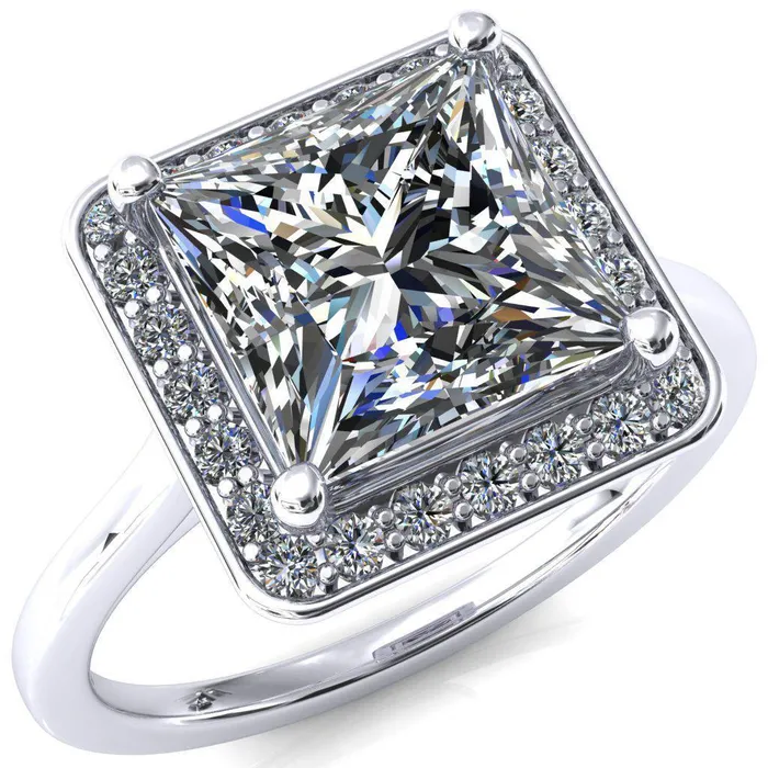 Fire Brilliance Holly PrincessSquare Moissanite 4 Prong Pinpoint Floating Halo Scalloped Cathedral Ring Rings