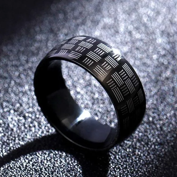 R121 Silver Black Line Design Titanium Stainless Steel Ring 01 Rings