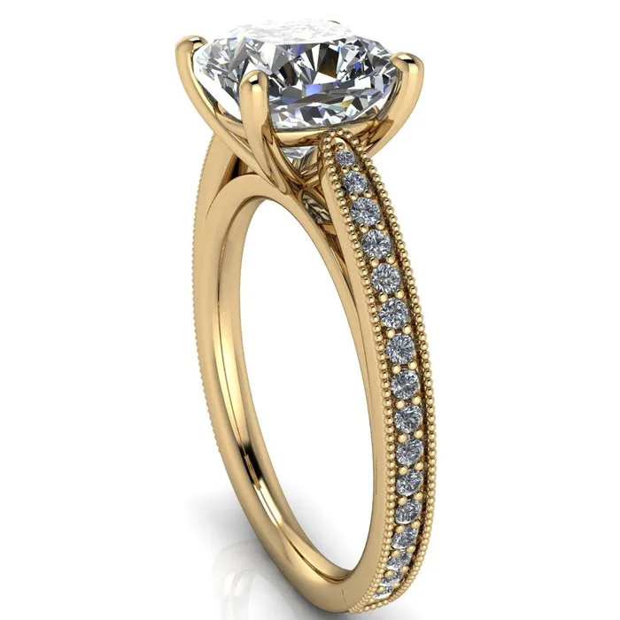 Rings Fire Brilliance Hathaway Cushion Center Stone 4 Prong Milgrain Cathedral Engagement Ring