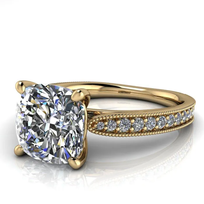Rings Fire Brilliance Hathaway Cushion Center Stone 4 Prong Milgrain Cathedral Engagement Ring