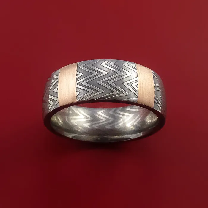 Rings Lashbrook Zebra Damascus Steel Ring and 14k Rose Gold Stripe Pattern Wedding Band