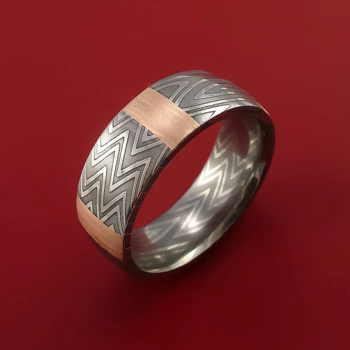 Rings Lashbrook Zebra Damascus Steel Ring and 14k Rose Gold Stripe Pattern Wedding Band