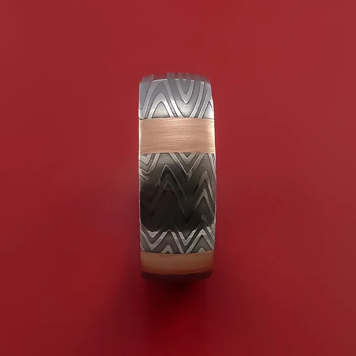 Rings Lashbrook Zebra Damascus Steel Ring and 14k Rose Gold Stripe Pattern Wedding Band