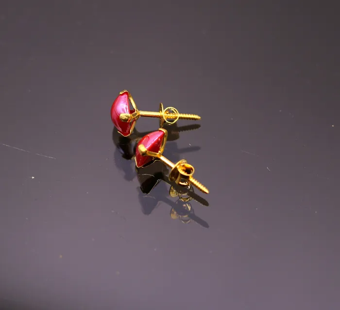 TRIBAL ORNAMENTS Earrings Fabulous Red color stone 18kt yellow gold handmade stud earring excellent daily use gifting light weight jewelry india er99