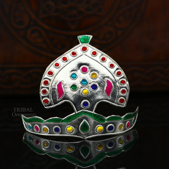 TRIBAL ORNAMENTS Rings Pure 925 sterling silver vintage antique design mukut crown amazing handmade enamel design silver god crown home temple god hat su695