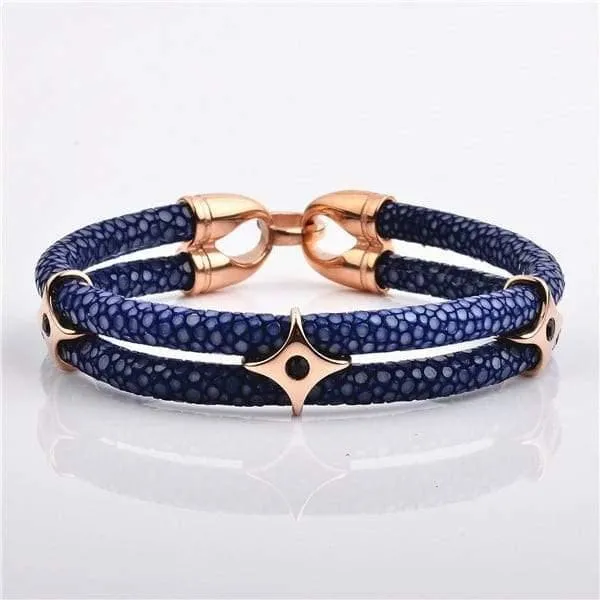 Bracelets Diamond Source NYC Stainless Steel Charm Rose Gold Plated With Real Stingray Leather Mens Bracelet
