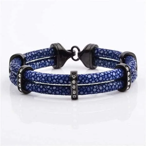 Bracelets Diamond Source NYC Stainless Steel Charm With Real Stingray Leather Mens Bracelet Blue Black color