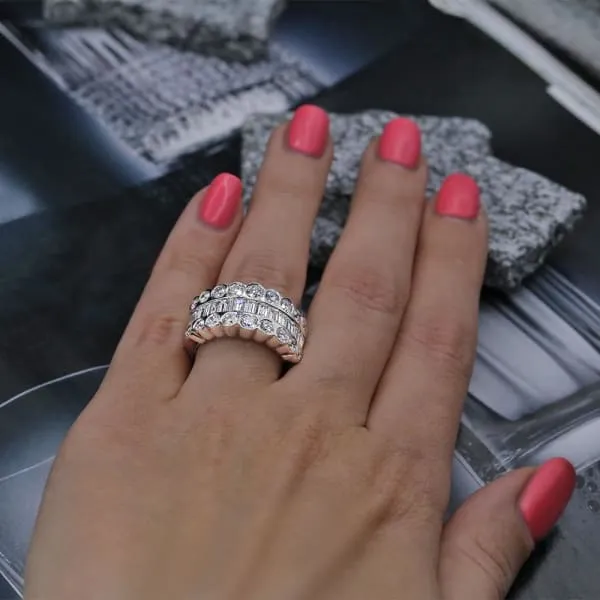 Diamond Source NYC Rings Round Brilliant Baguette Triple Row Diamond Band Set in 18K White Gold 400ct tw