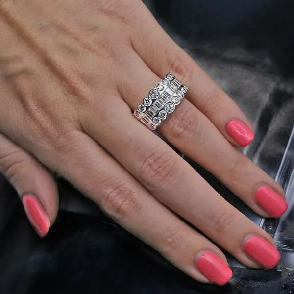 Diamond Source NYC Rings Round Brilliant Baguette Triple Row Diamond Band Set in 18K White Gold 400ct tw