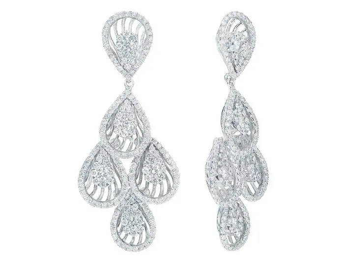 Earrings CJ Charles Jewelers Cascading 18k White Gold Diamond Tear Drop Motif Chandelier Earrings