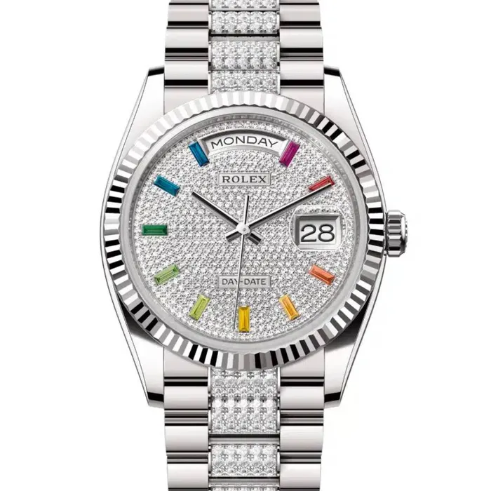 Rolex Bracelets Rolex Day Date 36mm Ref 1282390027 Pave Rainbow Diamond Dial Fluted Bezel 18K White Gold Diamonds President Bracelet Watch