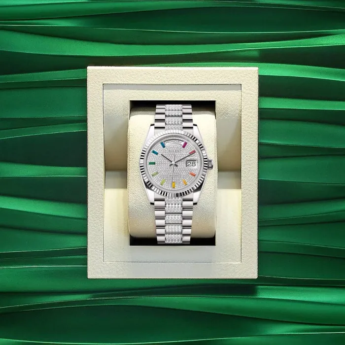Rolex Bracelets Rolex Day Date 36mm Ref 1282390027 Pave Rainbow Diamond Dial Fluted Bezel 18K White Gold Diamonds President Bracelet Watch