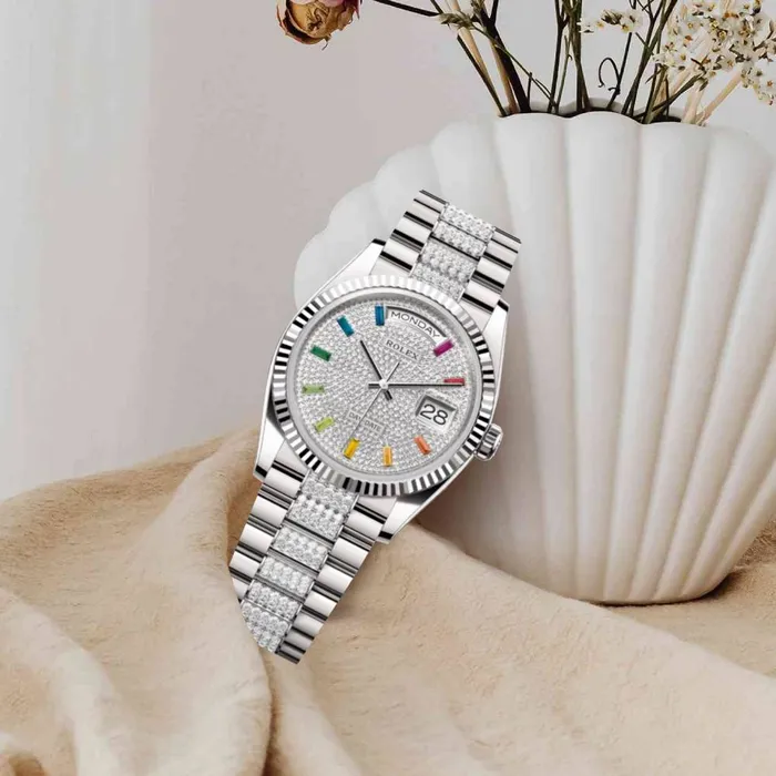 Rolex Bracelets Rolex Day Date 36mm Ref 1282390027 Pave Rainbow Diamond Dial Fluted Bezel 18K White Gold Diamonds President Bracelet Watch