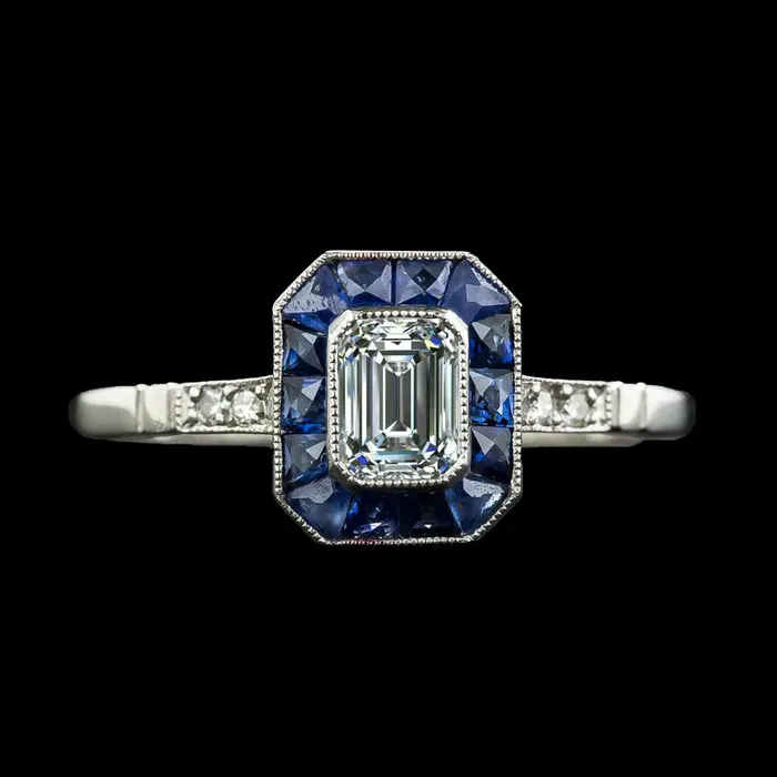 HarryChadEntcom Rings Art Deco Jewelry New Halo Ring Emerald Natural Earth Mined Diamond Trapezoid Sapphires