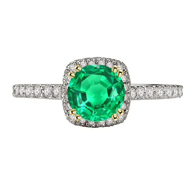HarryChadEntcom Rings Round Green Emerald Halo Ring With Accents Double Prong Set