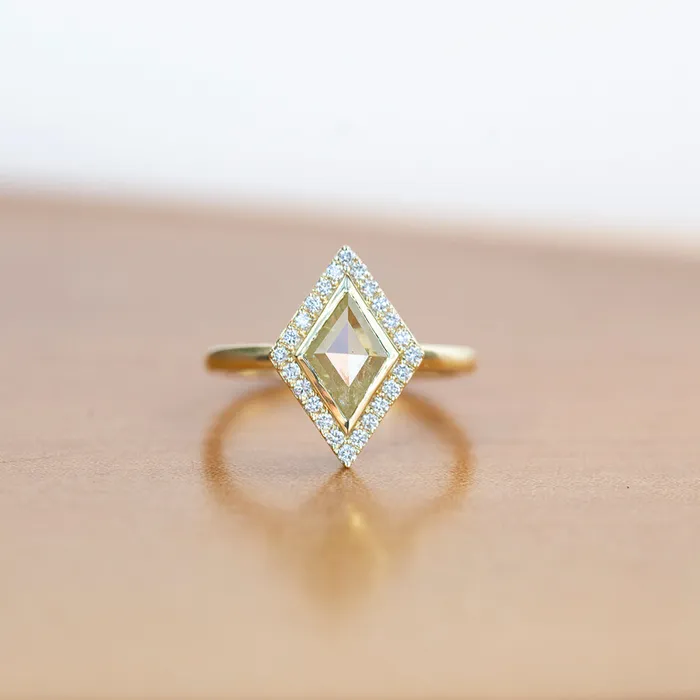 057ct Kite Shaped Rosecut Low Profile Halo Ring in 14k Yellow Anueva Jewelry Rings