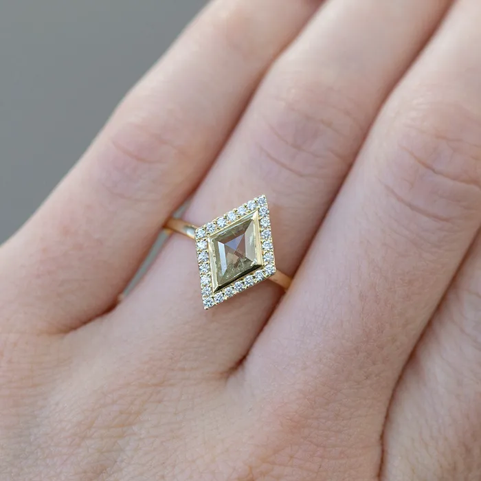 057ct Kite Shaped Rosecut Low Profile Halo Ring in 14k Yellow Anueva Jewelry Rings