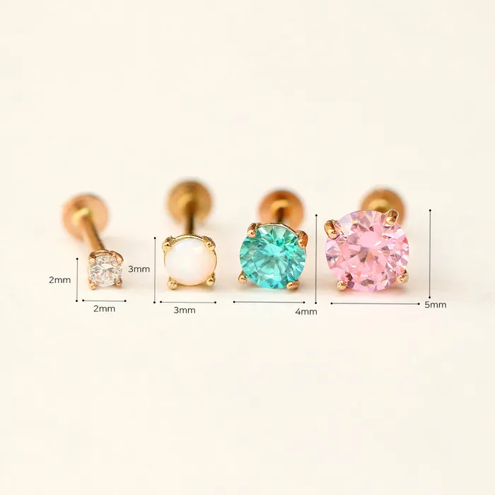 14K Gold 4 pronged colorful cubic Internally Threaded Labret Piercing 18G16G MinimalBijoux PreStyled Sets