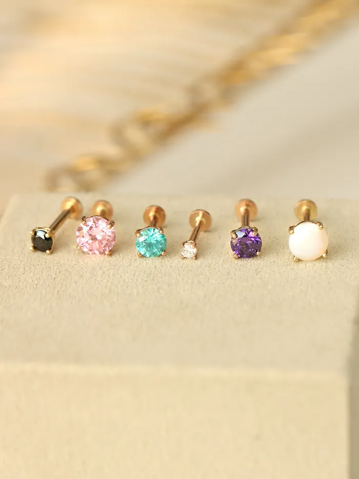 14K Gold 4 pronged colorful cubic Internally Threaded Labret Piercing 18G16G MinimalBijoux PreStyled Sets