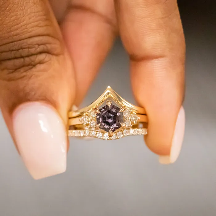 263ct Color Shifting Step Cut Hexagon Sapphire and Champagne Diamond Cluster Ring in 14k Yellow Gold Anueva Jewelry Rings