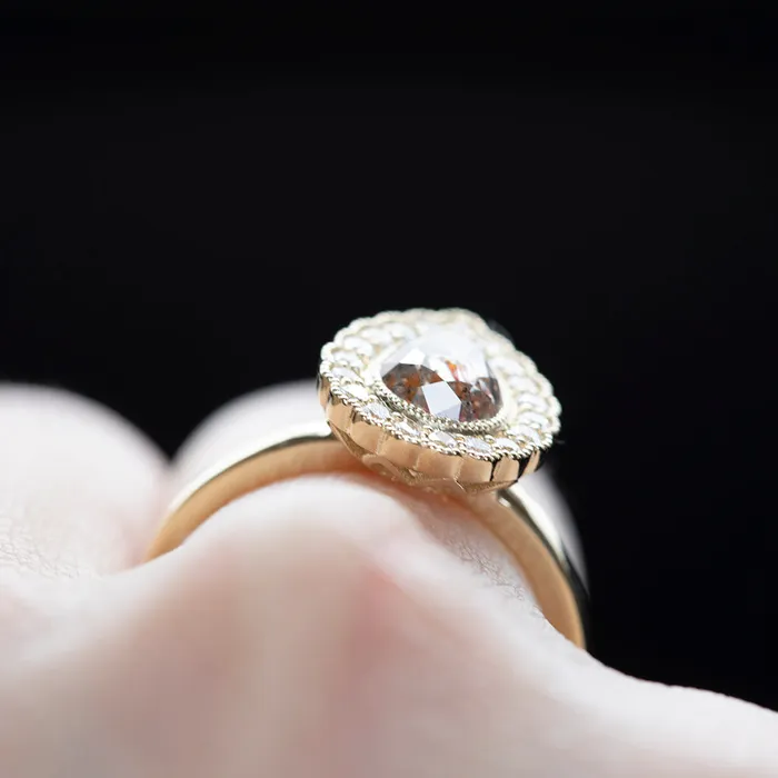 Anueva Jewelry Rings 080ct Pear Rosecut Diamond and Scalloped Antique Style Halo Ring in 14k Yellow Gold