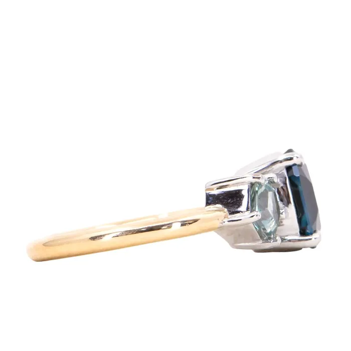 Anueva Jewelry Rings 272ct Sapphire 052ct Geo Sapphire and Diamond Baguette Three Stone Antique Style Low Profile Ring in twotone Platinum and 18k Yellow Gold