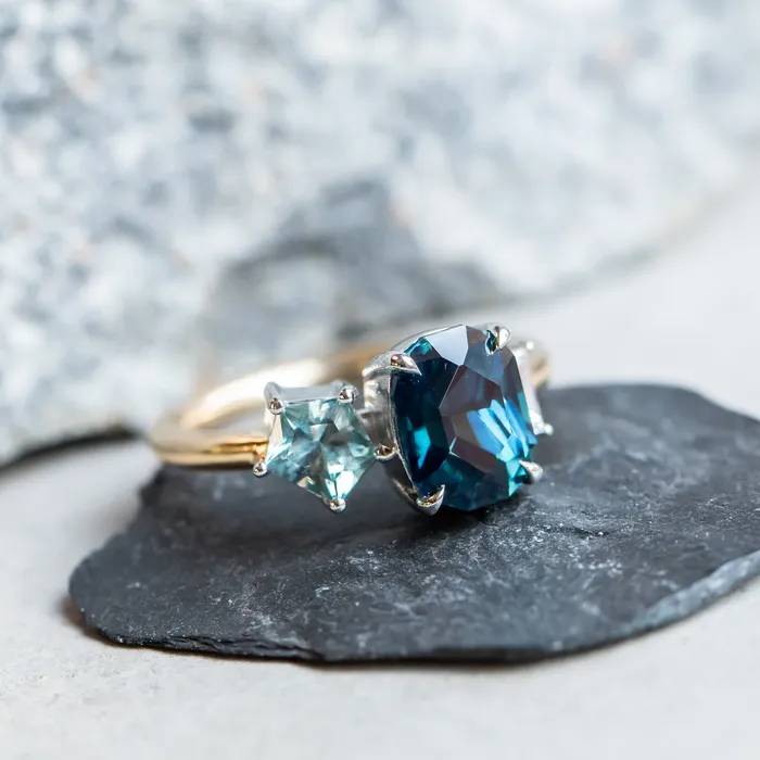 Anueva Jewelry Rings 272ct Sapphire 052ct Geo Sapphire and Diamond Baguette Three Stone Antique Style Low Profile Ring in twotone Platinum and 18k Yellow Gold