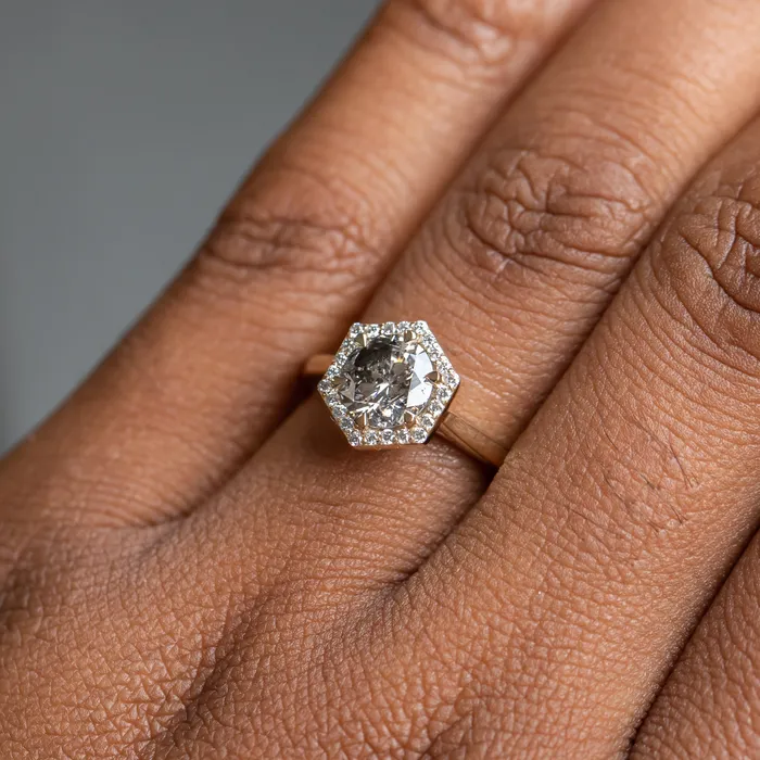 Fancy Diamonds Rings 113ct Salt and Pepper and White Diamond Hexagon Halo Ring in 14k Yellow Gold