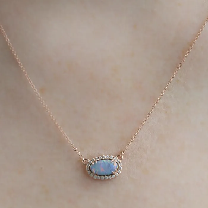 Necklaces Anueva Jewelry Opal and Diamond Halo Necklace in 14k Rose Gold 940x535mm
