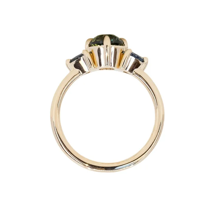 Rings Anueva Jewelry 124ct Round Parti Green Australian Sapphire and Trillion Sapphire Low Profile Ring in 14k Yellow Gold