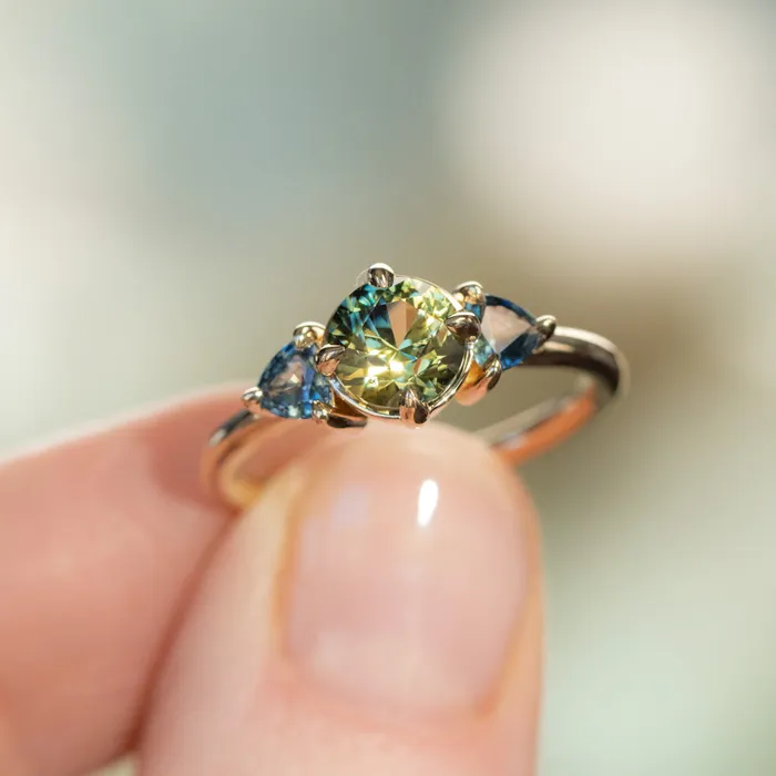 Rings Anueva Jewelry 124ct Round Parti Green Australian Sapphire and Trillion Sapphire Low Profile Ring in 14k Yellow Gold