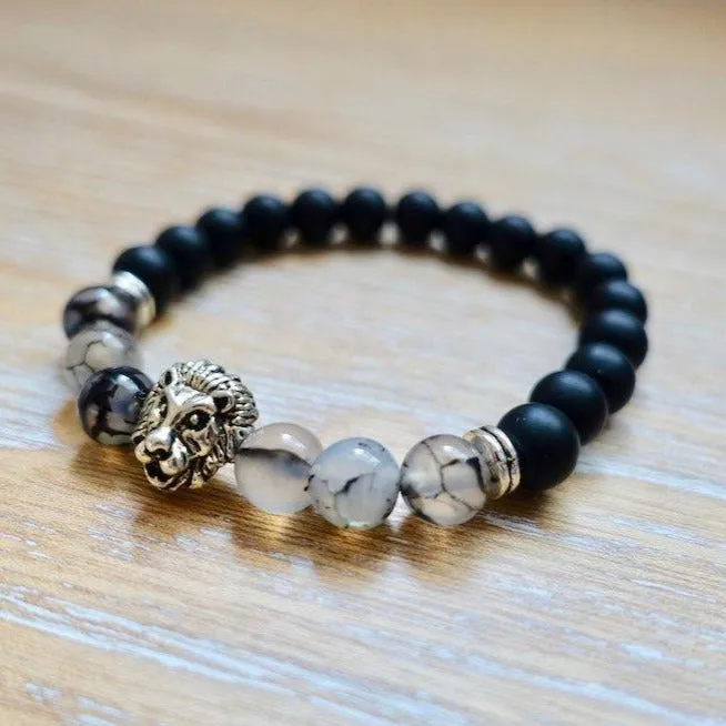 Bracelets Magic Crystals Black Onyx Stone Matte and Tourmalinated Quartz Gemstone Lion Bracelet