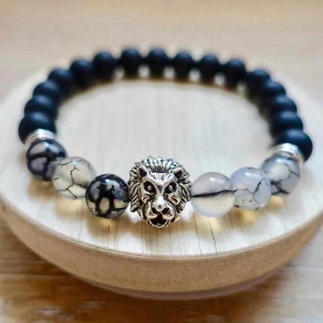 Bracelets Magic Crystals Black Onyx Stone Matte and Tourmalinated Quartz Gemstone Lion Bracelet