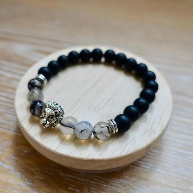 Bracelets Magic Crystals Black Onyx Stone Matte and Tourmalinated Quartz Gemstone Lion Bracelet