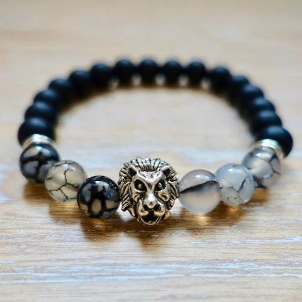 Bracelets Magic Crystals Black Onyx Stone Matte and Tourmalinated Quartz Gemstone Lion Bracelet