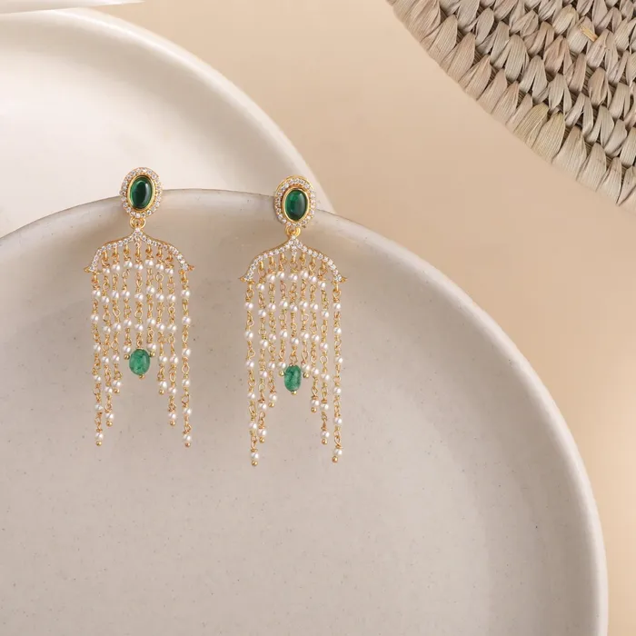 Earrings Myra Gold Plated Gemstone And Pearl Chain Silver Earrings SILVER