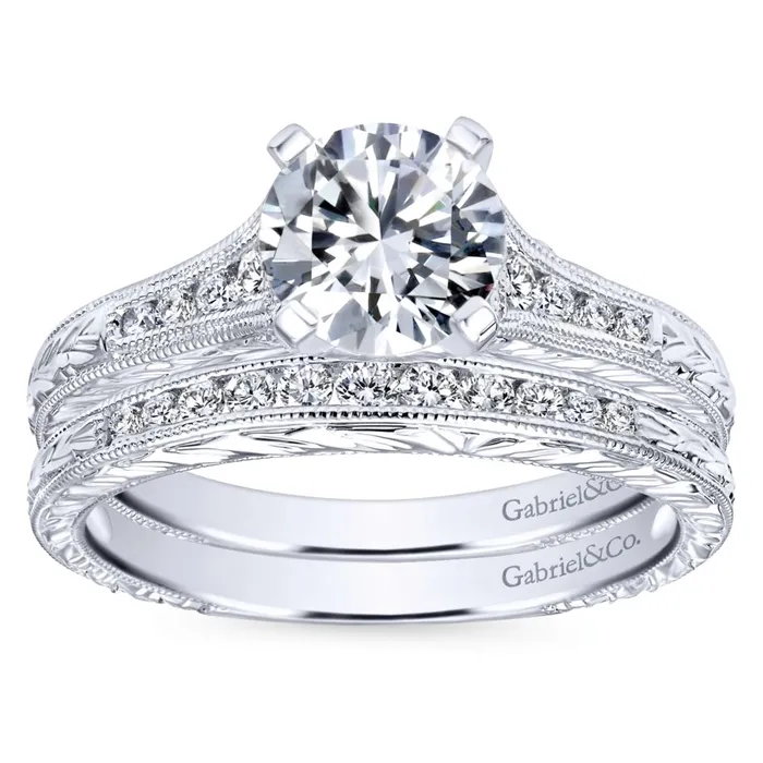International Diamond Center Rings Gabriel Bridal Collection White Gold Straight Channel and Hand Cut Etching Diamond Engagement Ring 015 ctw