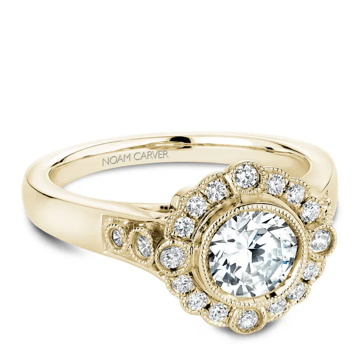 International Diamond Center Rings Noam Carver Yellow Gold Bezel Set Halo Engagement Ring Setting with Milgrain 027 CTW