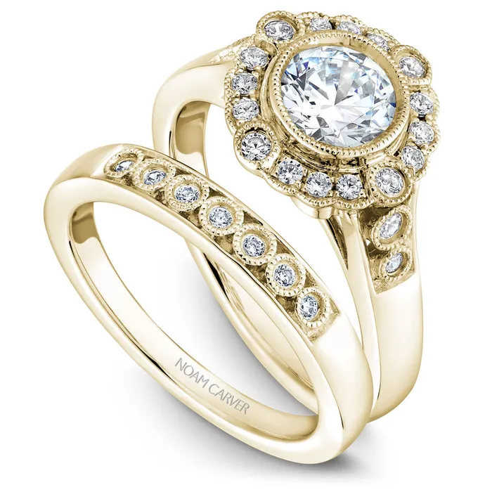 International Diamond Center Rings Noam Carver Yellow Gold Bezel Set Halo Engagement Ring Setting with Milgrain 027 CTW