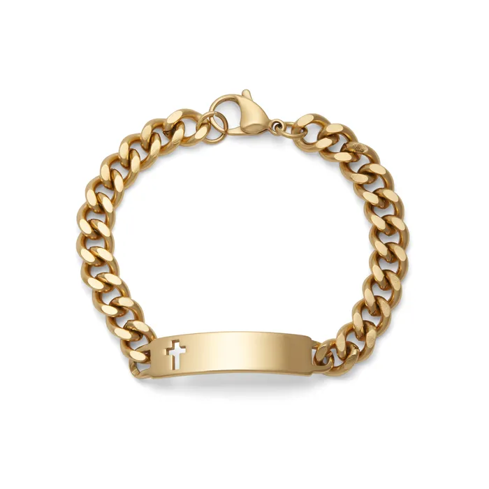 Mens ID Bracelet with Polished Plaque with Cross Speidel Bracelets
