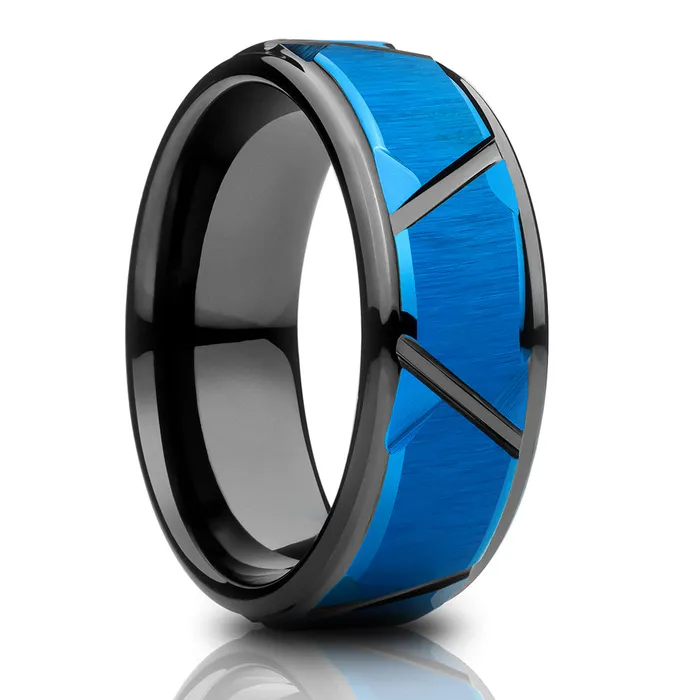 Rings Clean Casting Jewelry 8mm Wedding Ring Blue Tungsten Ring Diamond Cut Wedding Ring Unique Wedding Ring Black