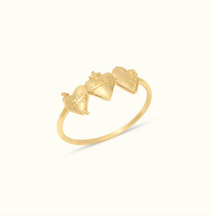 TheLittleCatholic Rings Holy Family Hearts Ring in 14k Yellow Gold